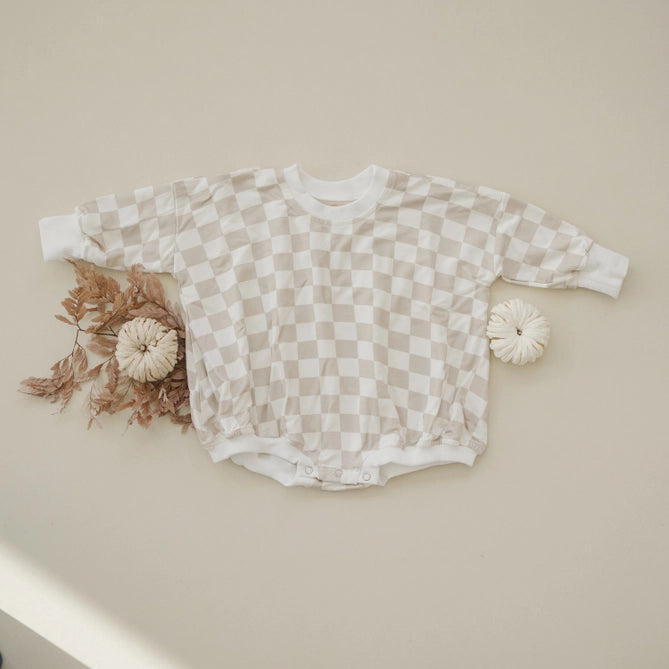 Neutral Checkered Bubble Romper